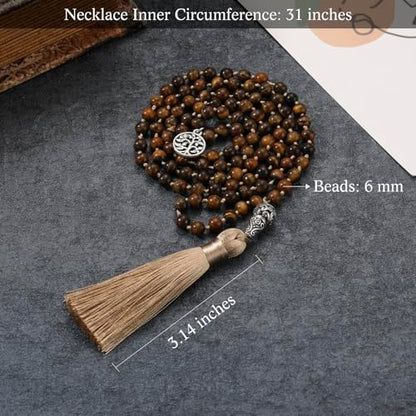 INBLUE 108 Mala Prayer Beads Wrap Necklace with Long Tassel Boho Necklace for Women Amazonite Bead Bracelet with Spiritual Tree of Life Pendant 108 Beads Necklace for Meditation - color: Natural Tiger Eye