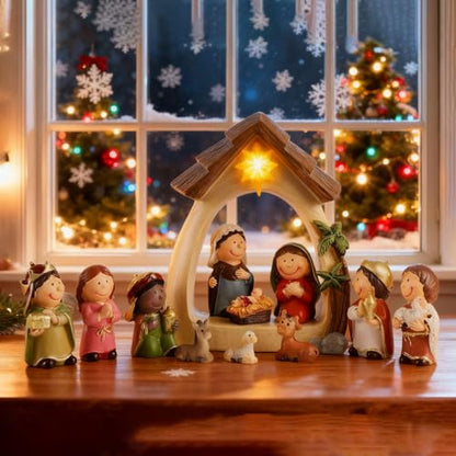 Nativity Set & Figures, 12 Pieces Small Christmas Nativity Scene with LED Light Resin Lighted Tabletop Nativity Indoor Decor Includes 1 Manger and 11 Figurine (Mini Figure)