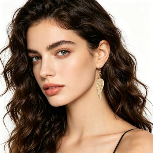coadipress Angel Wing Earrings for Women Unique Silver Plated Fairy Feather Guardian Dangle Drop Hook Earrings Jewelry - color: Gold Light Wing