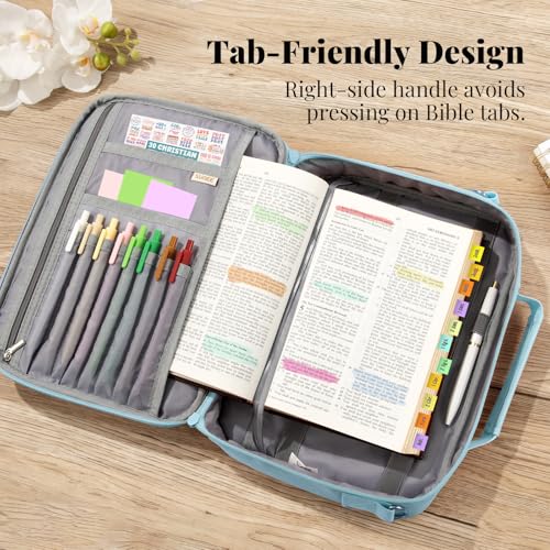SUNEE Bible Cover for Women, Large Bible Bag w/Shoulder Strap Carrying Book Case w/Pen Slots and Zippered Pocket, Gift for Women & Men, Blue
