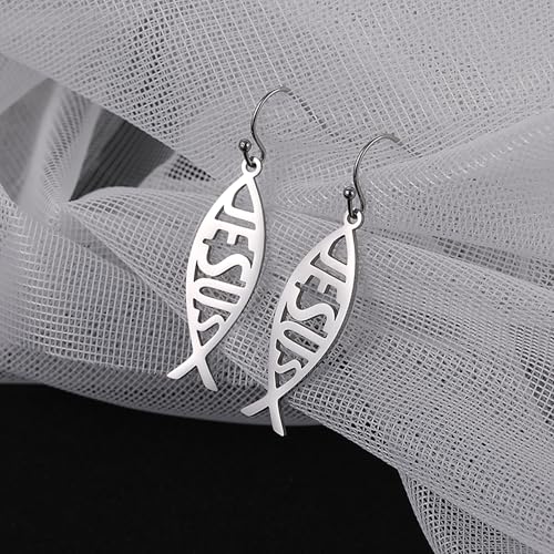 Ichthus Fish Dangle Earrings Ichthus Cross Earrings Christian Jesus Fish Earrings Religious Jewelry Christian Symbols Accessories Gift for Women - color: Ichthus silver