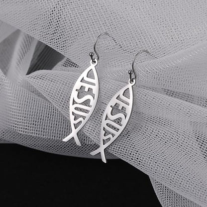 Ichthus Fish Dangle Earrings Ichthus Cross Earrings Christian Jesus Fish Earrings Religious Jewelry Christian Symbols Accessories Gift for Women - color: Ichthus silver