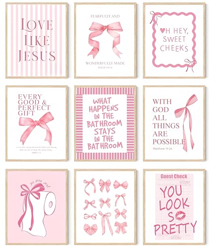 Pink Bow Bathroom Wall Art 9Pcs Bathroom Wall Decor Preppy Girly Posters - color: pink