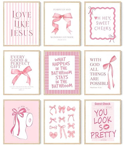 Pink Bow Bathroom Wall Art 9Pcs Bathroom Wall Decor Preppy Girly Posters - color: pink