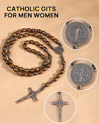 Wooden Rosary Beads, Rosarios Catolicos with Metal Cross for Men & Women - color: Woven Coffee