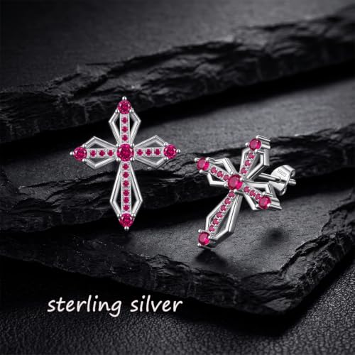 Sterling Silver Dainty Cross Earrings For Women, Christian Religious Faith Cubic Zirconia Stud Earrings - color: ruby