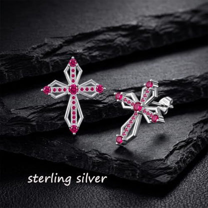 Sterling Silver Dainty Cross Earrings For Women, Christian Religious Faith Cubic Zirconia Stud Earrings - color: ruby