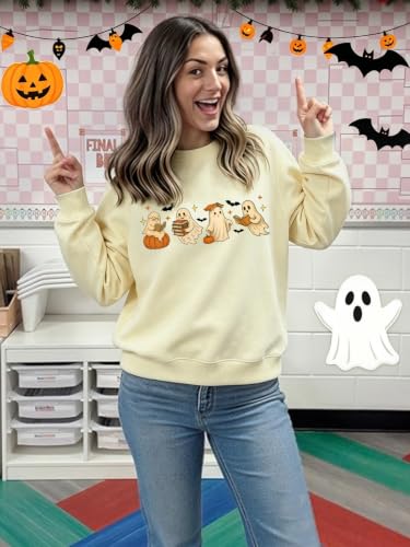 Teacher Halloween Sweatshirt Women Cute Ghost Reading Books Tops - color: A-apricot, size: Small