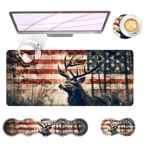 Large Keyboard Mouse Pad Set, Extended Mouse Pad+Keyboard Wrist Rest Support, Memory Foam Ergonomic Easy Typing, 4Pcs (31.5×11.8 in) Desk Pad Set for Office Home,American Flag Deer - color: American Flag Deer-2-6