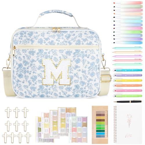 Personalized Initial Bible Cover Case for Women Bible Bag w/Study Supplies - color: Blue Flower, size: M
