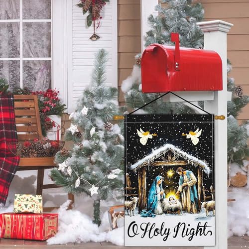 Christmas Oh Holy Night Jesus Nativity Scene Garden Flag Christian Jesus Yard Signs Garden Flags for Outside 12x18 Double Sided Christmas Vacation Outdoor Decorations