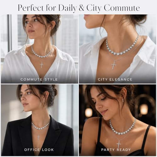 LOKOZ Cross Necklace for Women, Tennis Necklace, Gifts for Women - color: Layered Necklace - Cross 1 - Silver