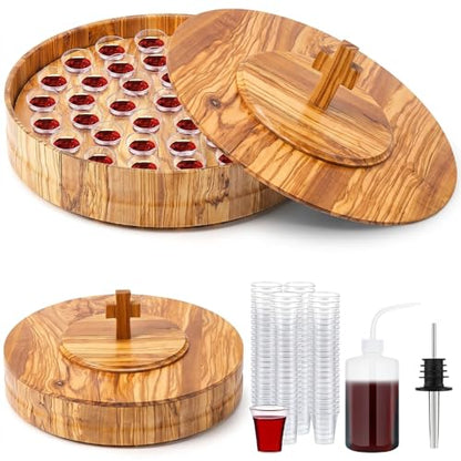 Zhehao 1 Set Wood Communion Tray Set for Church Holy Serving Tray with Lid Elegant 40 Cup Holders and 100 Disposable Communion Cups for Worship Service(Olive Wood Style) - style: Olive Wood Style