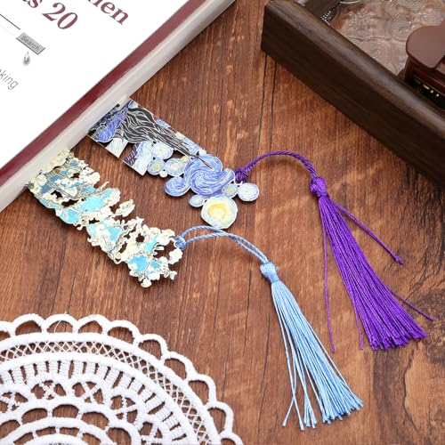 2 Metal Bookmarks with Tassel, Oil Painting Starry Night Over The Rhone and Almond Blossoms, Pretty Bookmarks for Women - style: 《Starry Night Over The Rhone》 and 《Almond Blossoms》