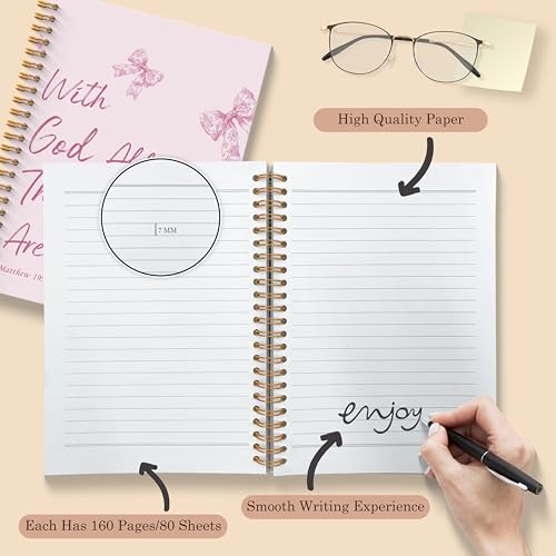 Pink Coquette Bow Christian Spiral Notebooks, With God All Things are Possible Bible Journaling Notebook, Religious Prayer Journal for Woman, Church Notes Notebook, 5.5x8.3 Inches - color: Pink God Bow