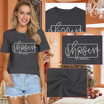 Women's Christian Shirt Christ Chosen T-Shirts Bible Verse Tee Tops - color: Grey, size: XX-Large