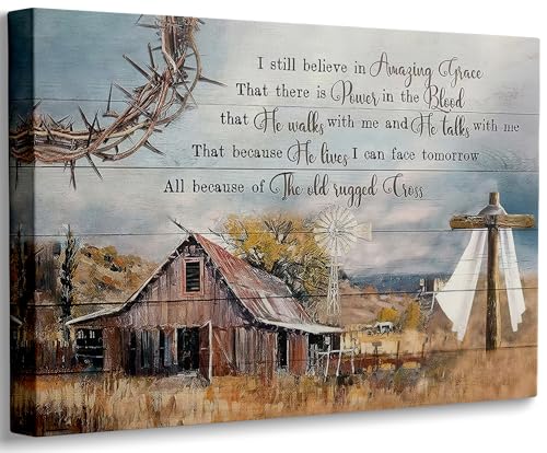 I Still Believe in Amazing Grace Canvas Wall Art, Christian Quote Painting Picture Wall Decor, Rustic Farmhouse Cross Poster Print Artwork for Living Room Bedroom Home Decoration 12x16in - color: Barn, size: 16"L x 12"W