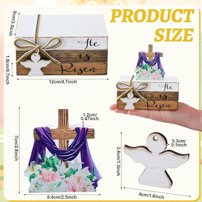 Pinkunn 4 Pcs He is Risen Easter Decorations Christian Wooden Table Sign