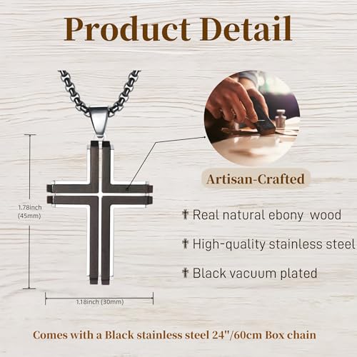 Wooden Cross Necklace for Men, Natural Ebony Mens Cross Necklaces Black Stainless Steel Christian Wood Crucifix Pendant，with Necklace 24" Box Chain - color: Silver-Inlaid Ebony