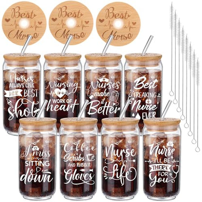 Tioncy 8 Pcs Employee Gifts 16oz Glass Cups Bamboo Lid Straw, Nurse - style: Nurse