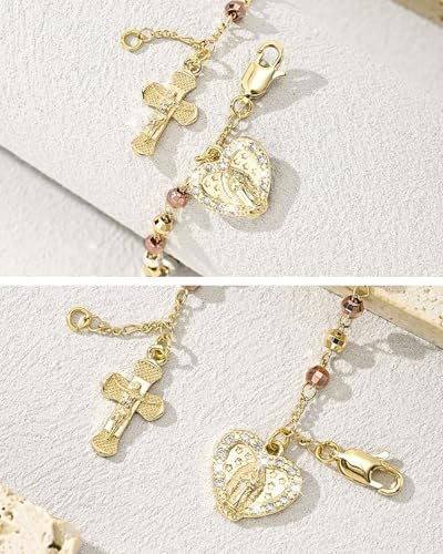 J&H DiaJuvelo Catholic Rosary Bracelet for Women 14K Gold Virgin Mary Rosarios Jesus Cross Charm Link Chain Virgen de Guadalupe Religious Jewelry Gifts for Confirmation Baptism First Communion - style: Gold Rosary B