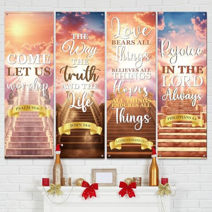 4Pcs Church Banners With Scripture Church Banners for Sanctuary Wall Worship Welcome and Holiday Religious Hanging Backdrop Stairway to Heaven Christian Porch Signs Decors for Churches School - style: Stairway to Heaven