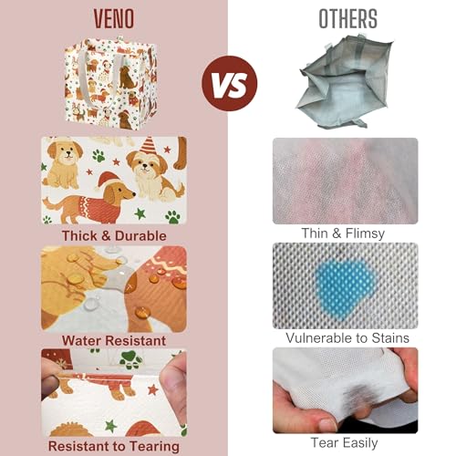 VENO 4 Pack Large Grocery Bag Reusable Shopping Bags with Hard Bottom - color: Holiday Pups - 4 Pack