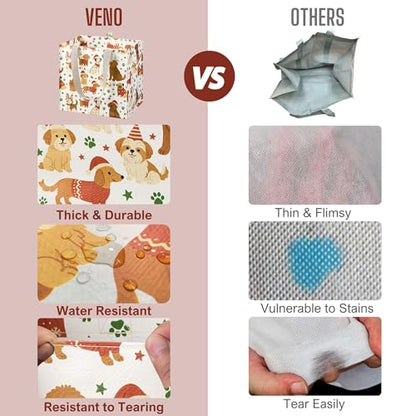 VENO 4 Pack Large Grocery Bag Reusable Shopping Bags with Hard Bottom - color: Holiday Pups - 4 Pack