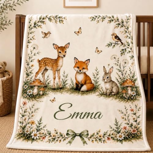 Personalized Woodland Animals Baby Blanket, Custom Name Deer Fox Bunny Blanket, Forest Nursery Decor, Soft Minky Throw - color: Forest Blanket #3