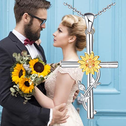 Distance Cross Necklace for Women 925 Sterling Silver Jewelry Pendant Necklace for Mom Wife Gift for Mother's Day or Birthday - style: Sunflower Cross Necklace