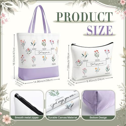 Aliceset Purple Christian Gift Set for Women Religious Gifts Bible Verse Tote Bag Inspirational Faith Based Cosmetic Bag, Cross Keychain, 16 oz Glass Cup, Coaster Greeting Card Catholic Church Gifts - color: Purple
