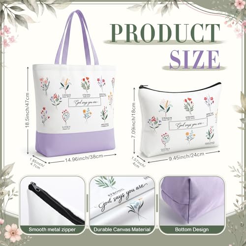 Aliceset Purple Christian Gift Set for Women Religious Gifts Bible Verse Tote Bag Inspirational Faith Based Cosmetic Bag, Cross Keychain, 16 oz Glass Cup, Coaster Greeting Card Catholic Church Gifts - color: Purple