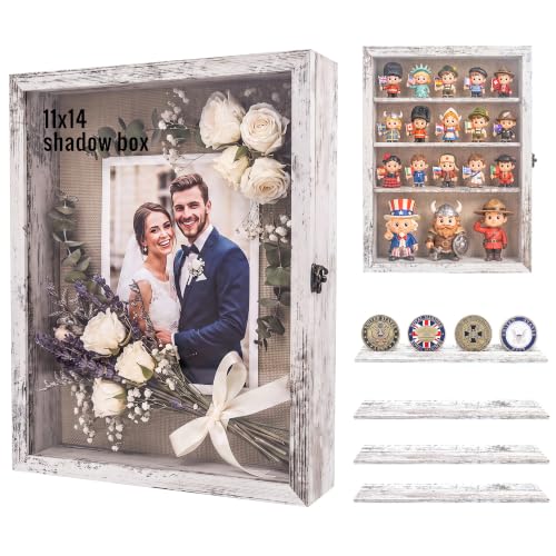 GMFrames 11x14 Wooden Shadow Box Frame with Removable Shelves Deep Display Case for Military Medals Keepsakes White - color: White, size: 11x14