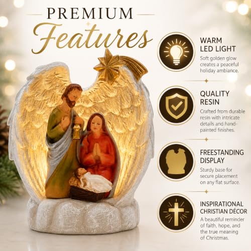 Wowser Lighted Holy Family Under Angel Wings Figurine, LED Nativity Christmas Decoration, Religious Christian Tabletop Holiday Décor, Resin Freestanding Christmas Display, 3.75 Inch