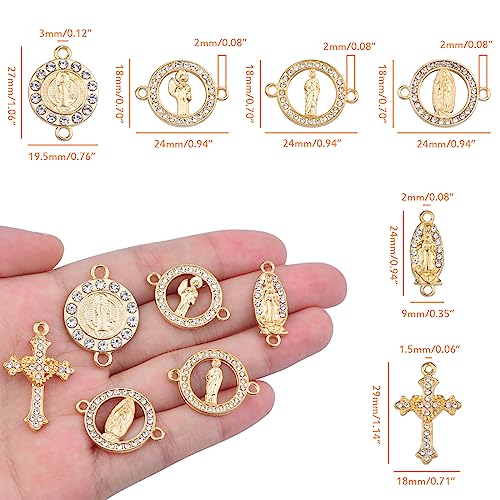 30pcs Golden Alloy Mixed Rhinestone Religious Cross and Center Miraculous Medal Charms Our Lady Virgin Mary Jesus Pendant Links for DIY Rosary Beads Necklace Jewelry Making, 6 Styles