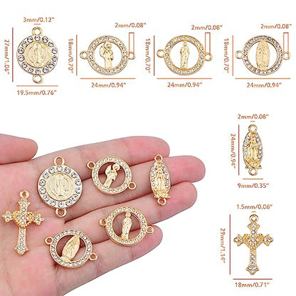 30pcs Golden Alloy Mixed Rhinestone Religious Cross and Center Miraculous Medal Charms Our Lady Virgin Mary Jesus Pendant Links for DIY Rosary Beads Necklace Jewelry Making, 6 Styles