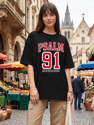 Tewmeu Christian Shirts for Women Oversized Psalm 23 Faith Bible Verse Tee - color: Black-a, size: Medium