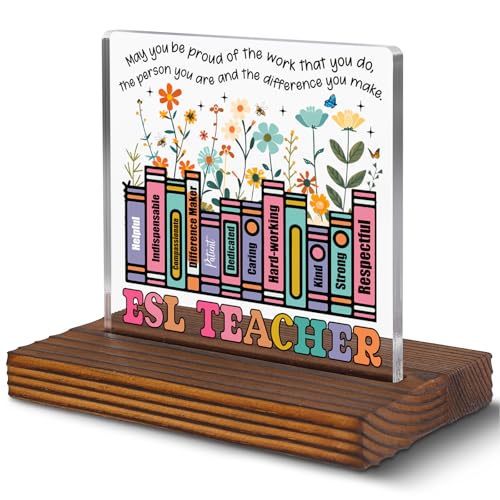 ESL Teacher Gift for Appreciation Week or End of School Year, Inspirational Book Stack Desk Sign with Positive Traits, Thank You Plaque for ELL Classroom or Office Decor EC304 - style: ESL Teacher Gift