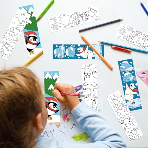 Haooryx Christmas Winter DIY Bookmarks - 75Pcs Color Your Own Polar Animals Bookmarks Creative DIY Penguins Sea Lions Coloring Blank Book Mark Teacher Student Reader Classroom Rewards Paper Art Craft - style: Polar Animal