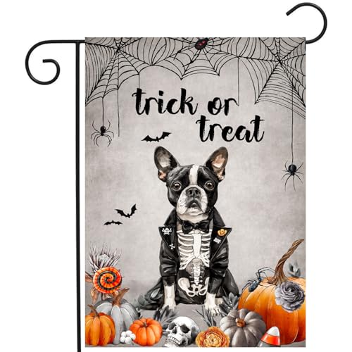 Halloween Boston Terrier Garden Flag Trick or Treat Yard Flag Ghost Dog Garden Flags for Outside 12x18 Double Sided Mini Skeleton Halloween Decor Outdoor Lawn Welcome Flag - color: halloweenboston