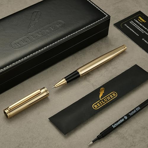 BEILUNER Luxury Personalized Gold Rollerball Pen, Stunning 24K Gold Finish, Noble and Elegant Designs,Schneider Refill, Fancy Gift Set for Men & Women, Executive Writing, Office, Nice Graduation Gift - color: Gold (Personalized)