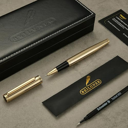 BEILUNER Luxury Gold Rollerball Pen, Stunning Pens with 24K Gold Finish, Noble and Elegant Designs,Schneider Ink Refill, Fancy Gift Set for Men & Women, Executive Writing, Office, Nice Graduation Gift - color: ,Gold