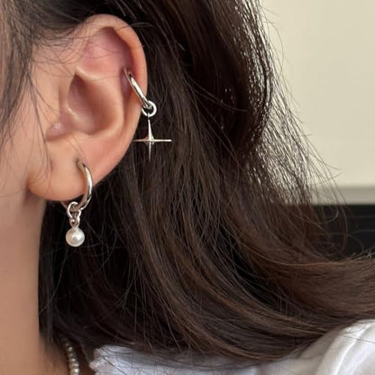 Asymmetric Cross Star Pearl Dangle Drop Hoop Earrings 925 Sterling Silver Post Small Huggie Hoops Charm Dangling Earring Cartilage Hypoallergenic Studs Fashion Jewelry for Women Daughter Niece