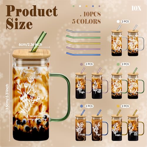 10 Pcs Christian Glass Tumbler Bulk 13.5oz Vacation Bible School Gift Bible Verse Drinking Glass with Handle Lid Straw Inspirational Religious Appreciation Cup for Church Women Office Teacher - style: Bible Style