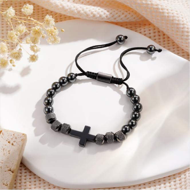 Cross Bracelet for Boys Teens, Adjustable Obsidian Beads Bracelets Christian Religious Jewelry Gifts for Teen Teenage Boys - style: First Holy Communion