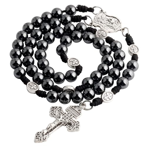 HanlinCC St.Michael Paracord Catholic Rosary Large Hematite Beads for Men