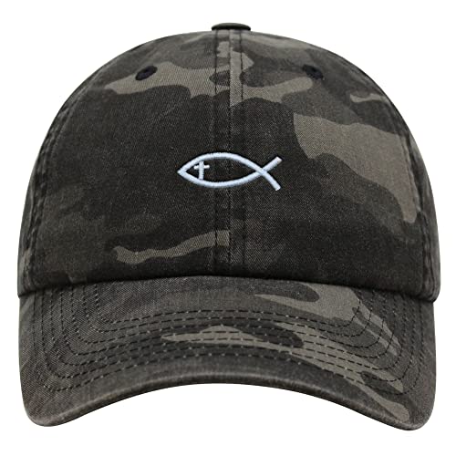 JPAK Jesus Fish Symbol Premium Dad Hat Embroidered Cotton Baseball Cap Symbol of Christianity - color: Black Camo