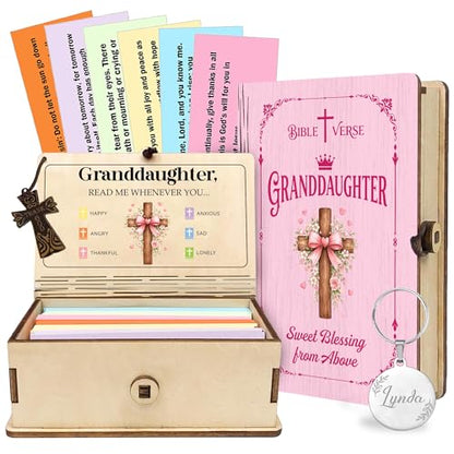 Personalized Bible Verse Box for Granddaughter with Prayer Cross, 150 Color-Coded Scripture Cards, Custom Name with Keychain, Christian Graduation Gift, Faith Encouragement Keepsake - color: Granddaughter