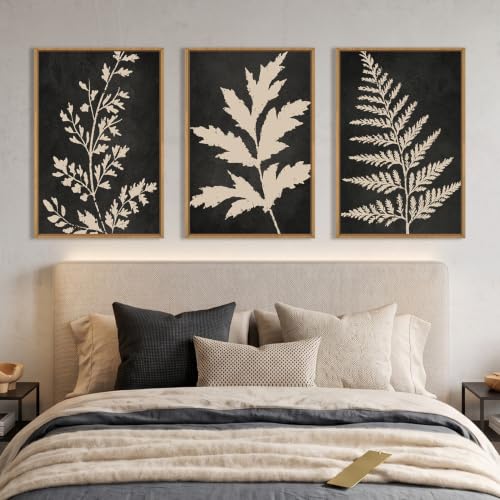 Boho Black Tan Fern Leaf Framed Canvas Wall Art Set -24"x36"x3 - color: Black Fern Wall Art, size: 24"L x 36"W