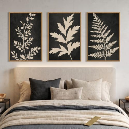Boho Black Tan Fern Leaf Framed Canvas Wall Art Set -24"x36"x3 - color: Black Fern Wall Art, size: 24"L x 36"W